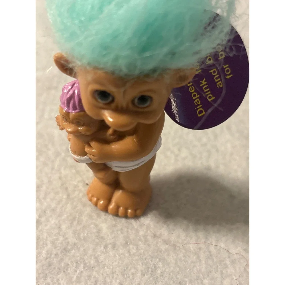 Mini Troll Doll Baby Diaper Blue Hair Holding Pink Toy Collectible